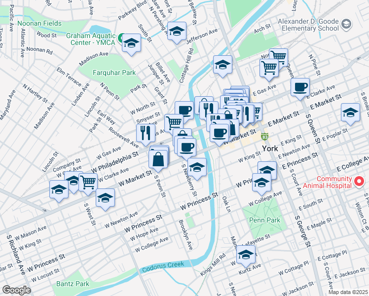 map of restaurants, bars, coffee shops, grocery stores, and more near 234 West Clarke Avenue in York