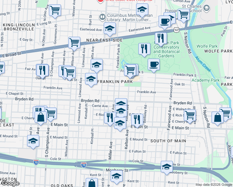 map of restaurants, bars, coffee shops, grocery stores, and more near 245 Miller Avenue in Columbus