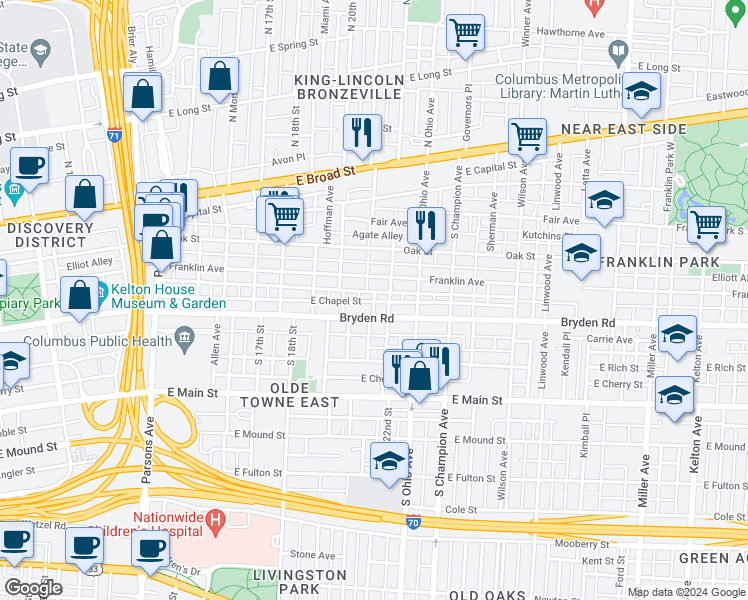 map of restaurants, bars, coffee shops, grocery stores, and more near 1033 Gustavus Lane in Columbus