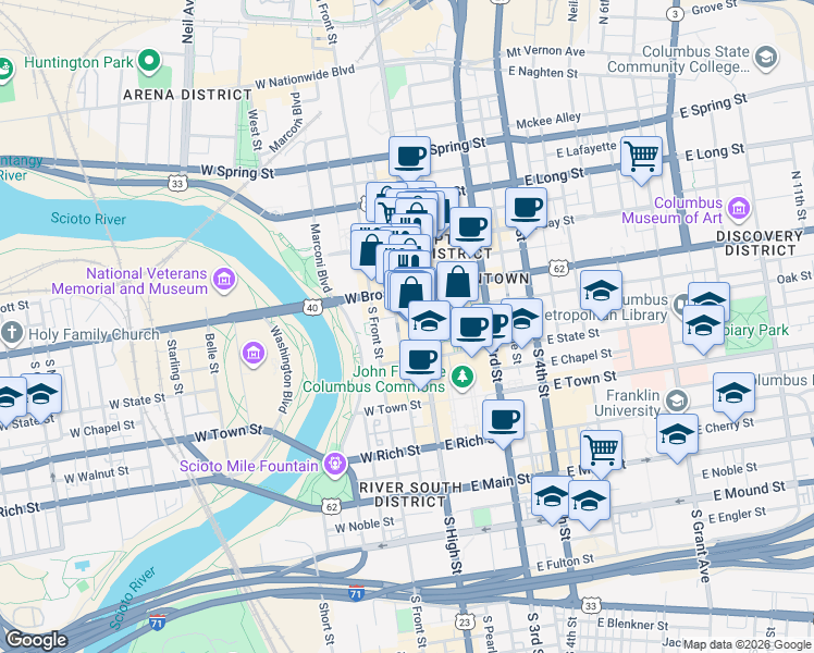map of restaurants, bars, coffee shops, grocery stores, and more near 17 South High Street in Columbus