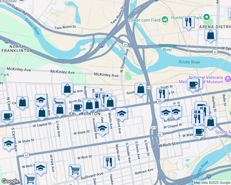 map of restaurants, bars, coffee shops, grocery stores, and more near 838 Scott Street in Columbus