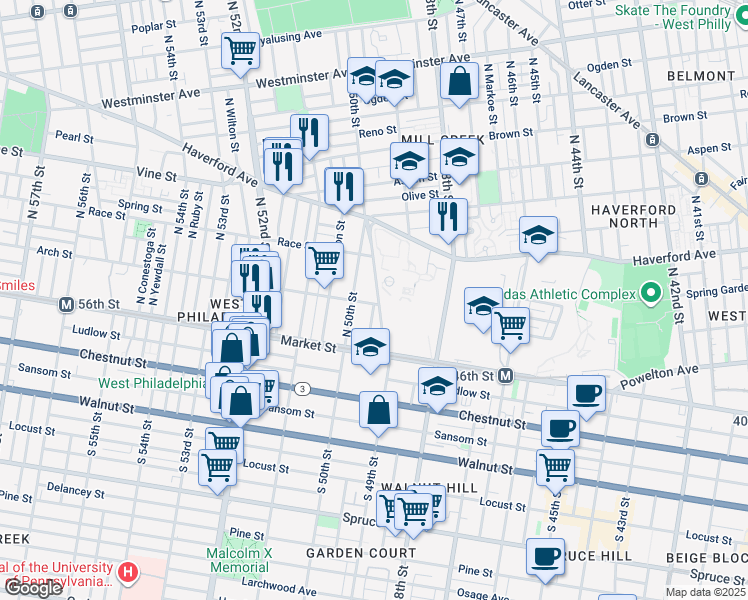 map of restaurants, bars, coffee shops, grocery stores, and more near 4901 Arch Street in Philadelphia