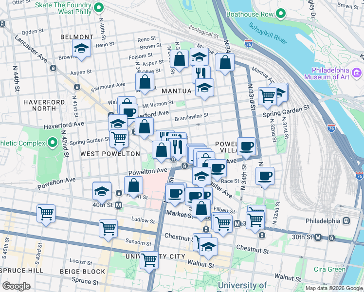 map of restaurants, bars, coffee shops, grocery stores, and more near 3718 Hamilton Street in Philadelphia