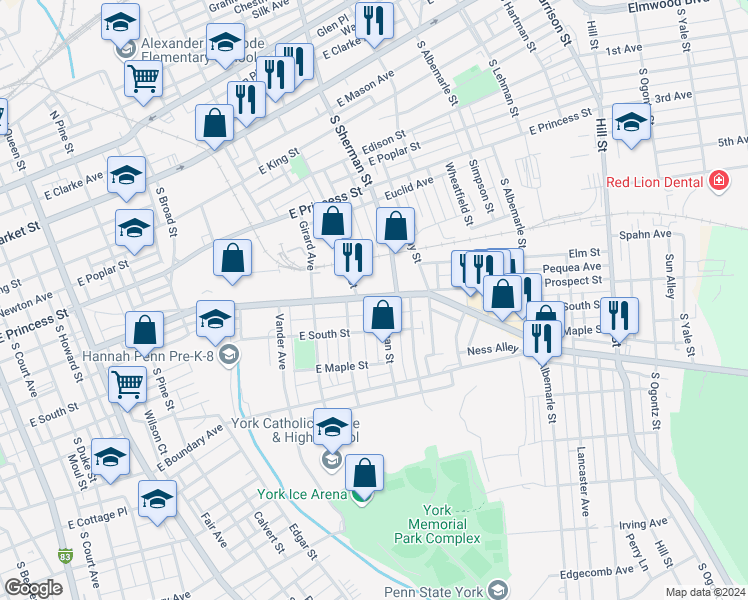 map of restaurants, bars, coffee shops, grocery stores, and more near 822 East Prospect Street in York