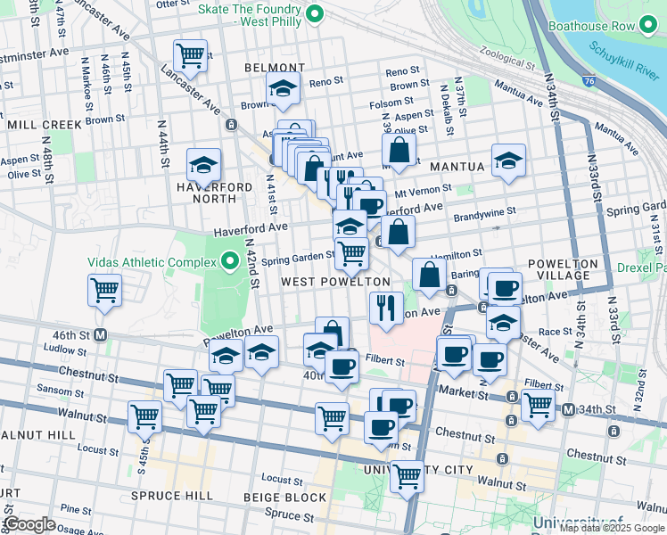 map of restaurants, bars, coffee shops, grocery stores, and more near 437 Wiota Street in Philadelphia