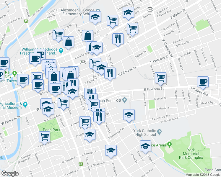 map of restaurants, bars, coffee shops, grocery stores, and more near 342 East Locust Street in York