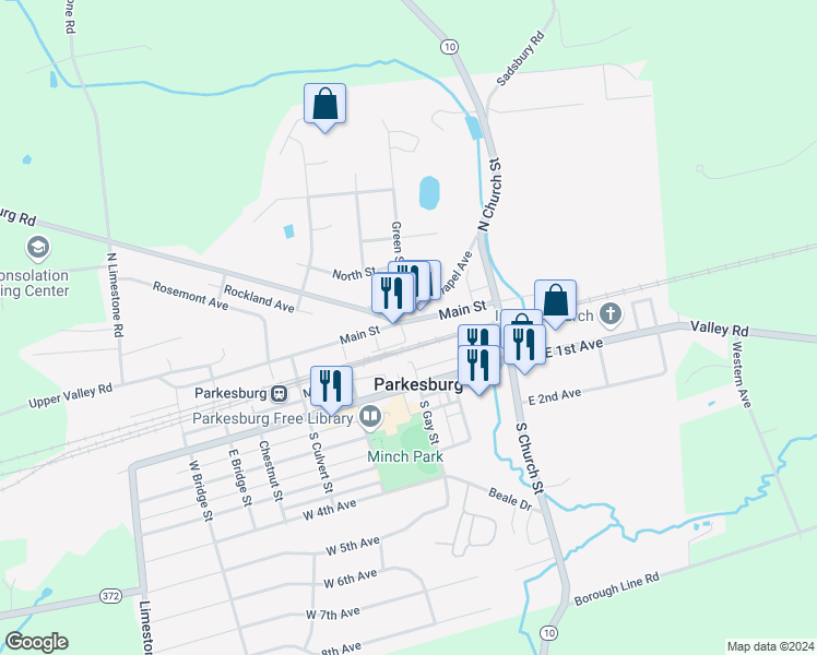 map of restaurants, bars, coffee shops, grocery stores, and more near 224 Main Street in Parkesburg