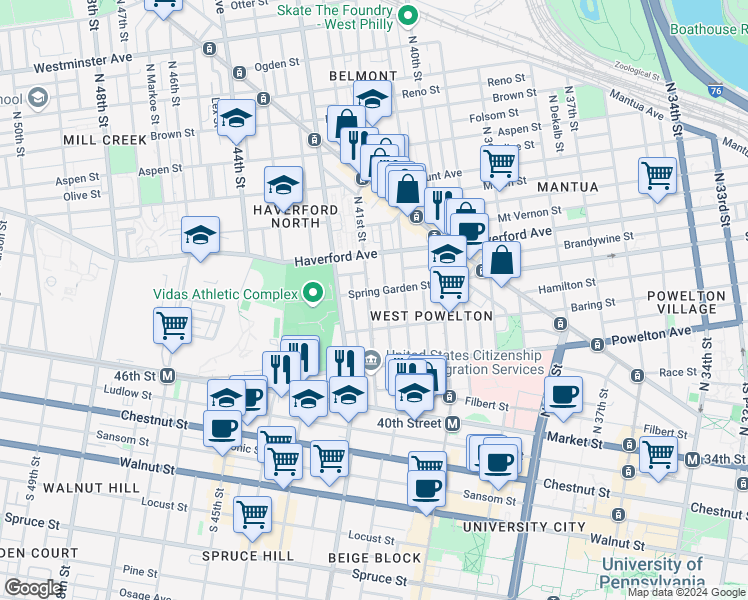 map of restaurants, bars, coffee shops, grocery stores, and more near 4101 Spring Garden Street in Philadelphia