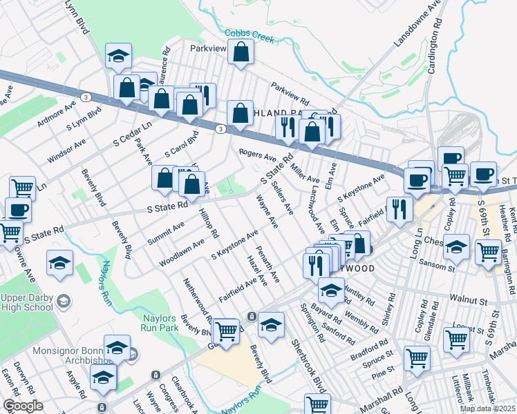 map of restaurants, bars, coffee shops, grocery stores, and more near 7212 Wayne Avenue in Delaware County