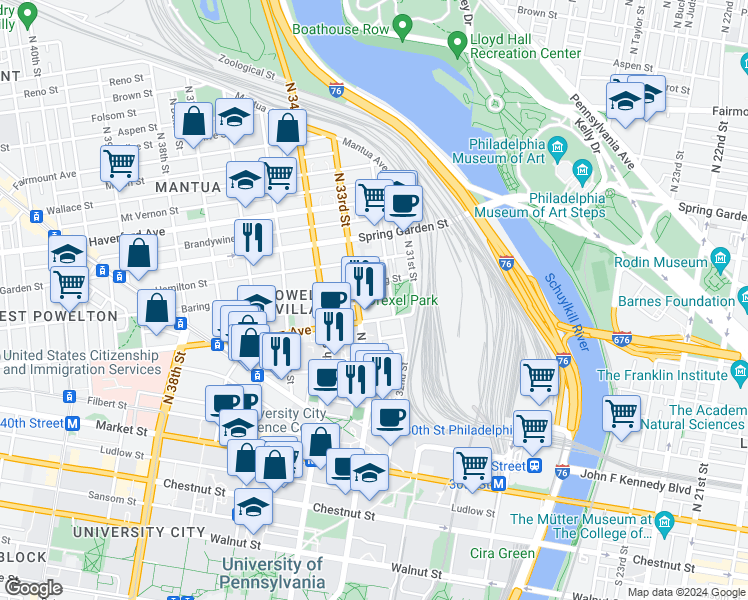 map of restaurants, bars, coffee shops, grocery stores, and more near 3211 Pearl Street in Philadelphia