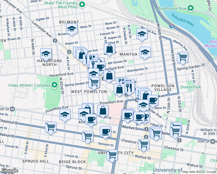 map of restaurants, bars, coffee shops, grocery stores, and more near 3867 Warren Street in Philadelphia