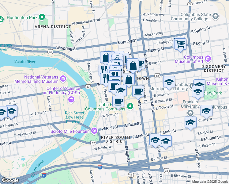 map of restaurants, bars, coffee shops, grocery stores, and more near 41 South High Street in Columbus