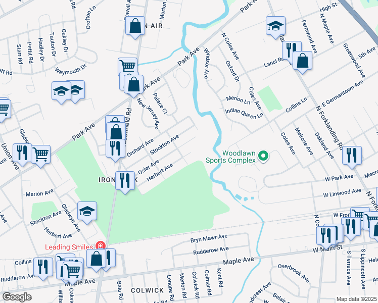 map of restaurants, bars, coffee shops, grocery stores, and more near 8733 Herbert Avenue in Pennsauken Township