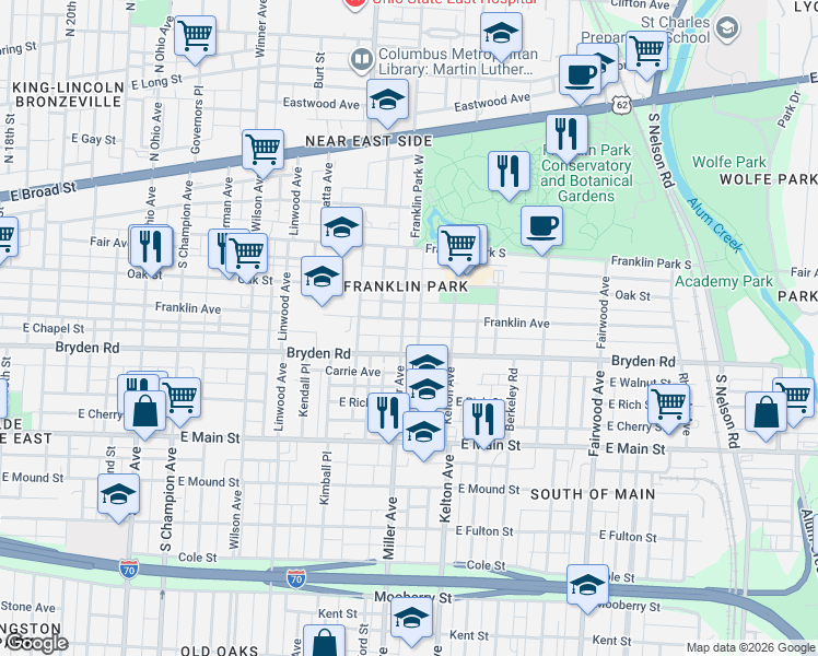 map of restaurants, bars, coffee shops, grocery stores, and more near 245 Miller Avenue in Columbus