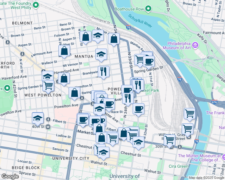 map of restaurants, bars, coffee shops, grocery stores, and more near 3508 Baring Street in Philadelphia