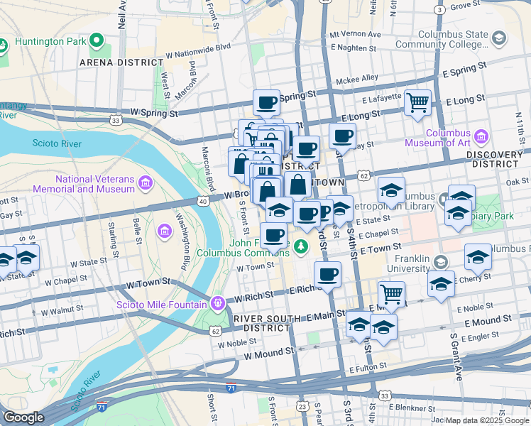 map of restaurants, bars, coffee shops, grocery stores, and more near 17 South High Street in Columbus