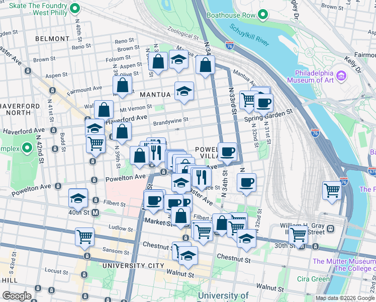 map of restaurants, bars, coffee shops, grocery stores, and more near Baring St & N 36th St in Philadelphia