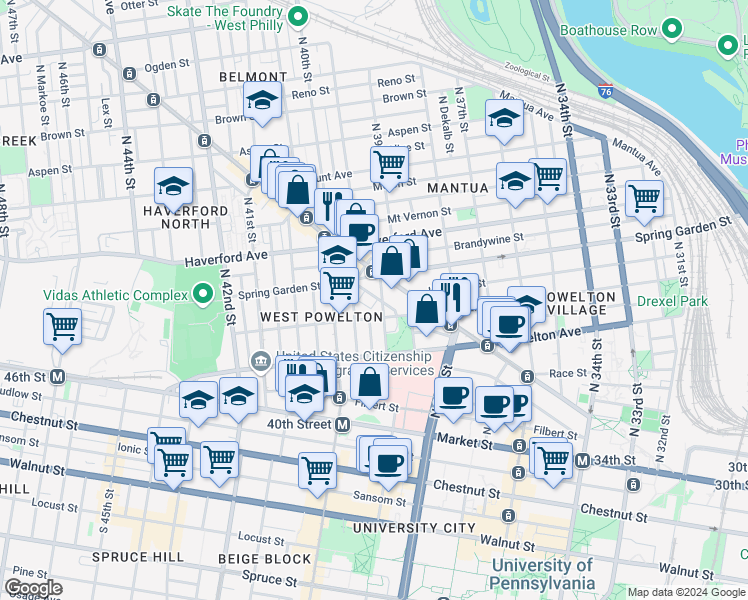 map of restaurants, bars, coffee shops, grocery stores, and more near 3908 Warren Street in Philadelphia