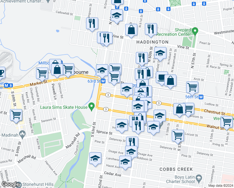 map of restaurants, bars, coffee shops, grocery stores, and more near 6153 Chestnut Street in Philadelphia