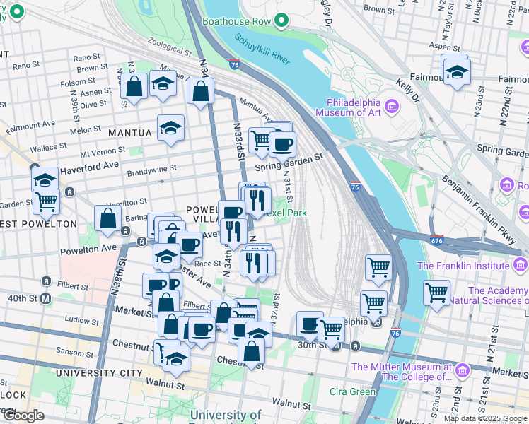 map of restaurants, bars, coffee shops, grocery stores, and more near 3214 Baring Street in Philadelphia