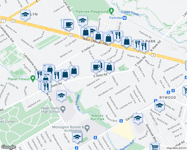 map of restaurants, bars, coffee shops, grocery stores, and more near 228 South State Road in Upper Darby