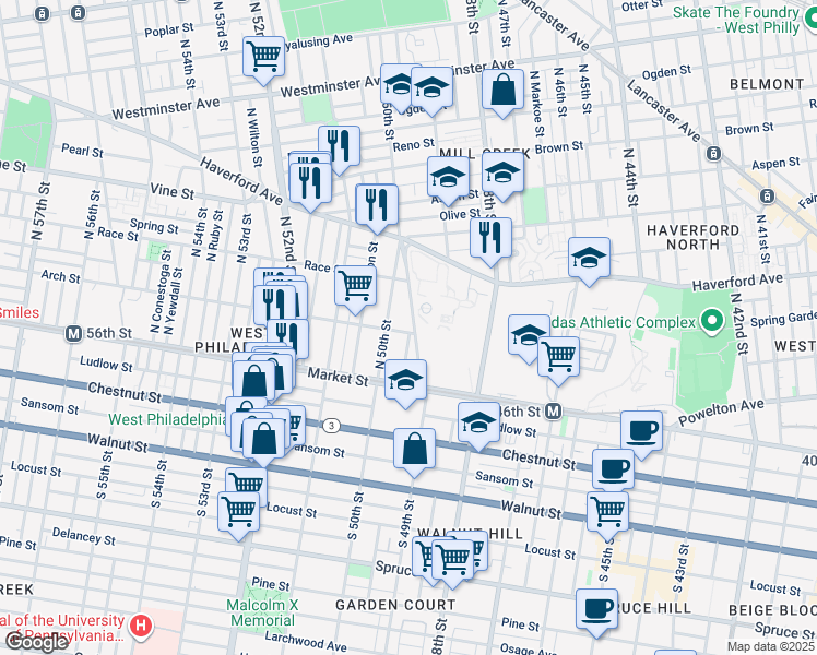 map of restaurants, bars, coffee shops, grocery stores, and more near 4901 Arch Street in Philadelphia