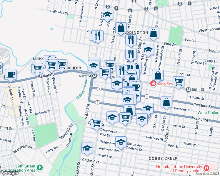 map of restaurants, bars, coffee shops, grocery stores, and more near 6141 Chestnut Street in Philadelphia