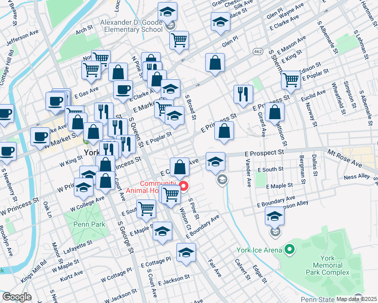 map of restaurants, bars, coffee shops, grocery stores, and more near 342 East Locust Street in York