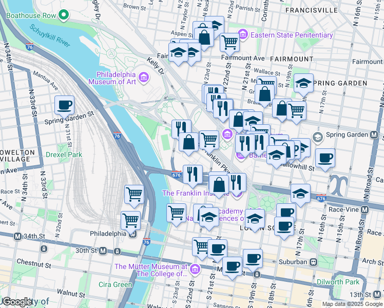 map of restaurants, bars, coffee shops, grocery stores, and more near 2200 Benjamin Franklin Parkway in Philadelphia