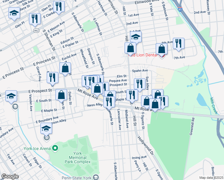 map of restaurants, bars, coffee shops, grocery stores, and more near 1114 East Prospect Street in York