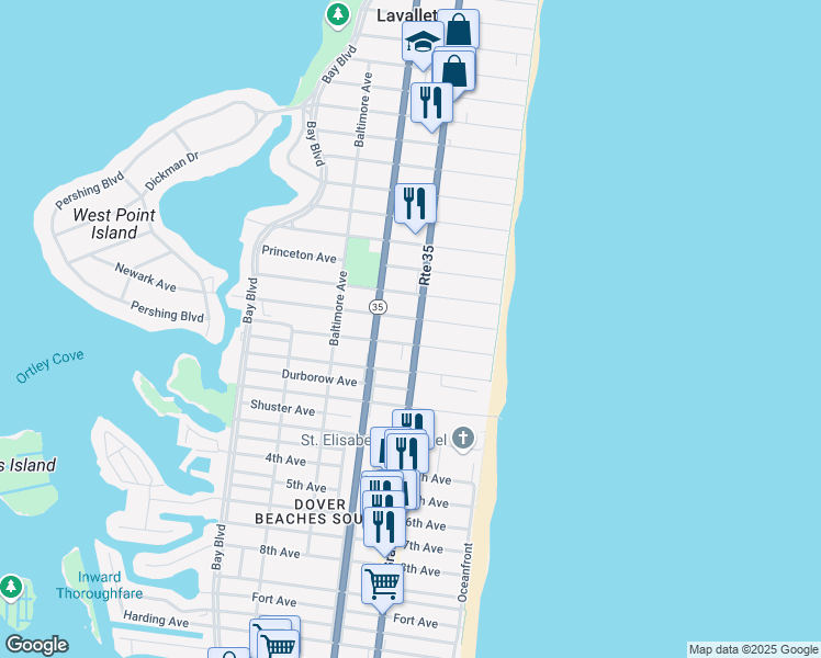 map of restaurants, bars, coffee shops, grocery stores, and more near 104 Newark Avenue in Lavallette