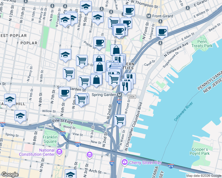 map of restaurants, bars, coffee shops, grocery stores, and more near 600 North 2nd Street in Philadelphia