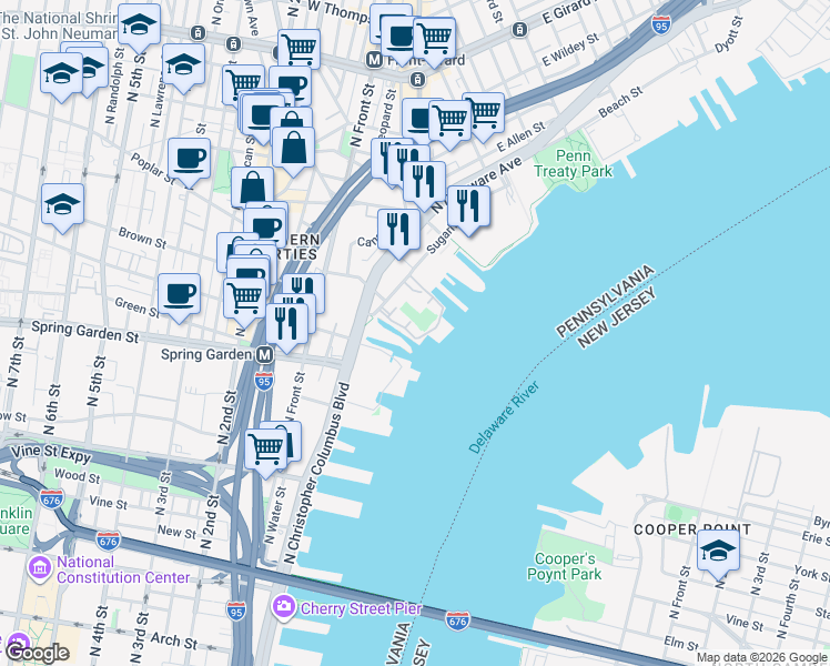 map of restaurants, bars, coffee shops, grocery stores, and more near 901 North Penn Street in Philadelphia