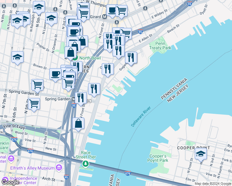 map of restaurants, bars, coffee shops, grocery stores, and more near 901 North Penn Street in Philadelphia