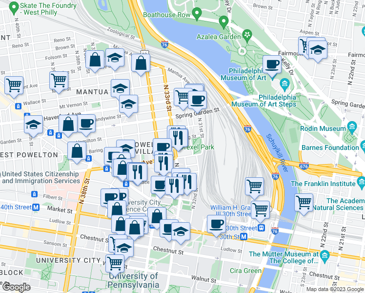 map of restaurants, bars, coffee shops, grocery stores, and more near 3211 Pearl Street in Philadelphia