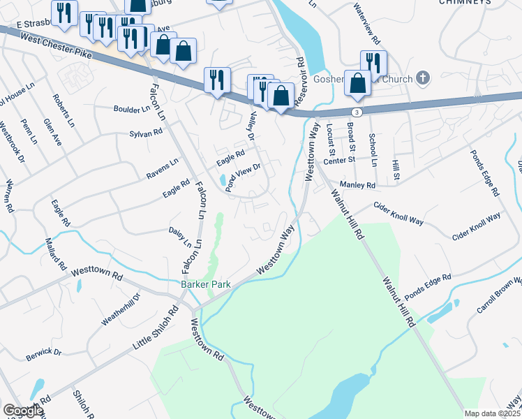 map of restaurants, bars, coffee shops, grocery stores, and more near 1416 Valley Drive in West Chester