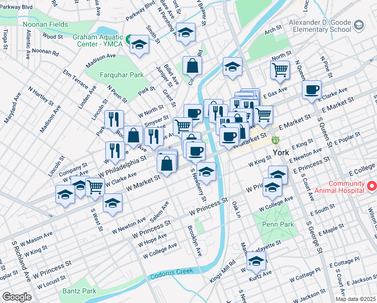 map of restaurants, bars, coffee shops, grocery stores, and more near 29 North Newberry Street in York