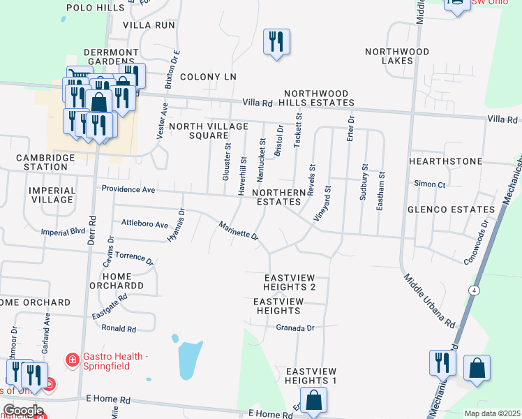 map of restaurants, bars, coffee shops, grocery stores, and more near 3011 Heritage Street in Springfield