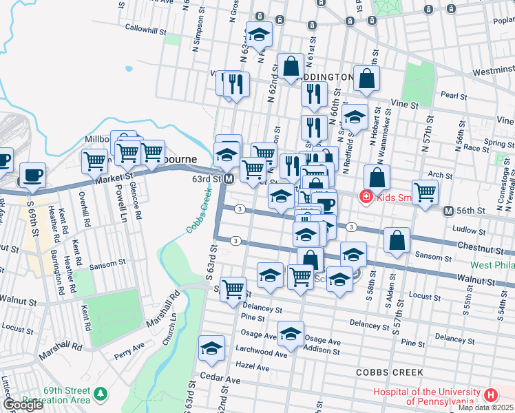 map of restaurants, bars, coffee shops, grocery stores, and more near 6159 Chestnut Street in Philadelphia