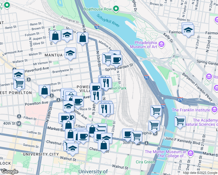 map of restaurants, bars, coffee shops, grocery stores, and more near 3214 Baring Street in Philadelphia