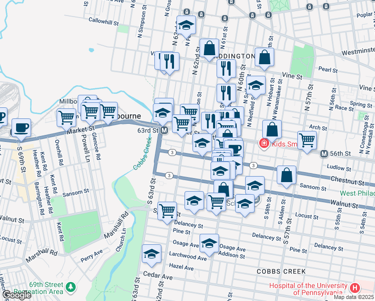 map of restaurants, bars, coffee shops, grocery stores, and more near 6151 Chestnut Street in Philadelphia