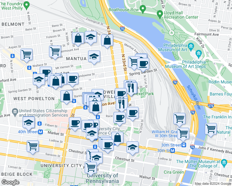 map of restaurants, bars, coffee shops, grocery stores, and more near 3400 Baring Street in Philadelphia
