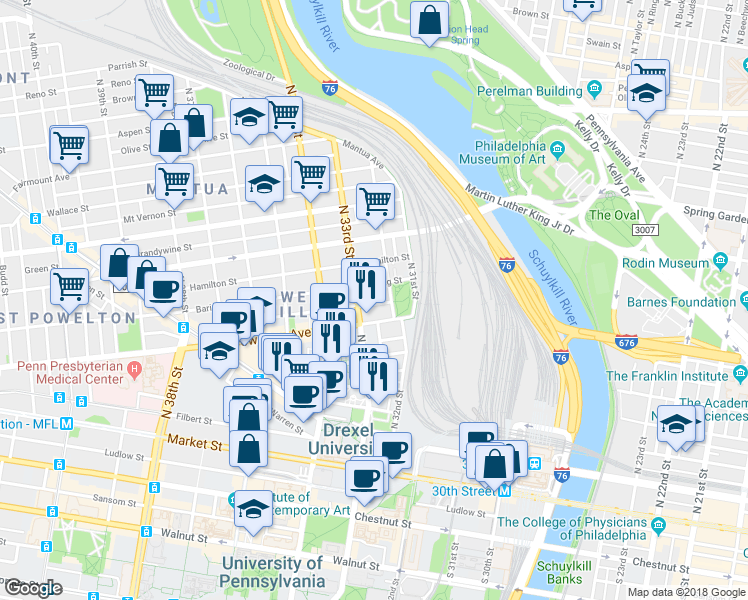 map of restaurants, bars, coffee shops, grocery stores, and more near 3209 Pearl Street in Philadelphia