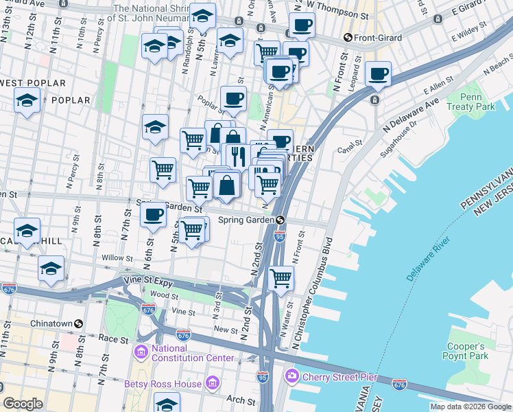 map of restaurants, bars, coffee shops, grocery stores, and more near 614 North Philip Street in Philadelphia