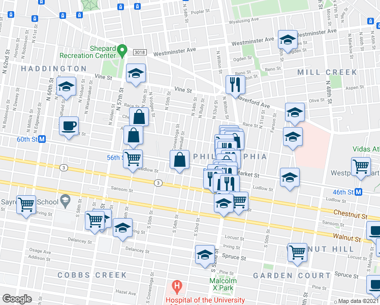 map of restaurants, bars, coffee shops, grocery stores, and more near 23 North 54th Street in Philadelphia