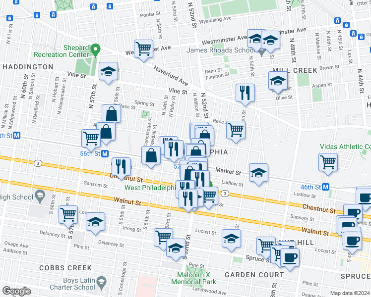 map of restaurants, bars, coffee shops, grocery stores, and more near 42 North Lindenwood Street in Philadelphia