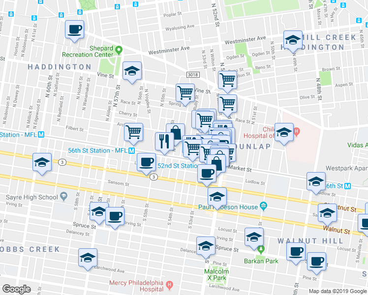 map of restaurants, bars, coffee shops, grocery stores, and more near 23 North 54th Street in Philadelphia