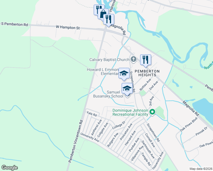map of restaurants, bars, coffee shops, grocery stores, and more near 41 Pemberton Vincentown Road in Pemberton