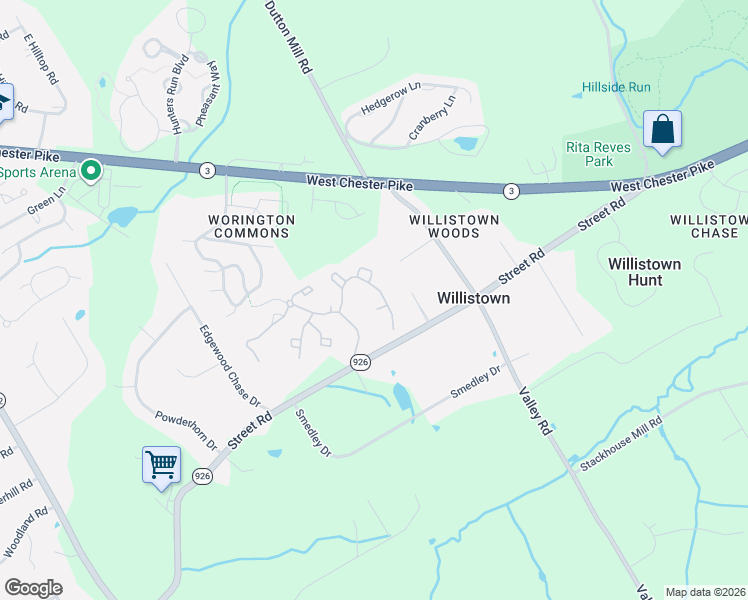 map of restaurants, bars, coffee shops, grocery stores, and more near 206 Princeton Circle in Newtown Square