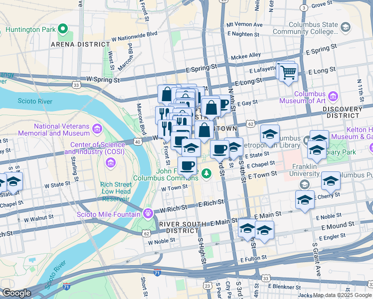 map of restaurants, bars, coffee shops, grocery stores, and more near 41 South High Street in Columbus
